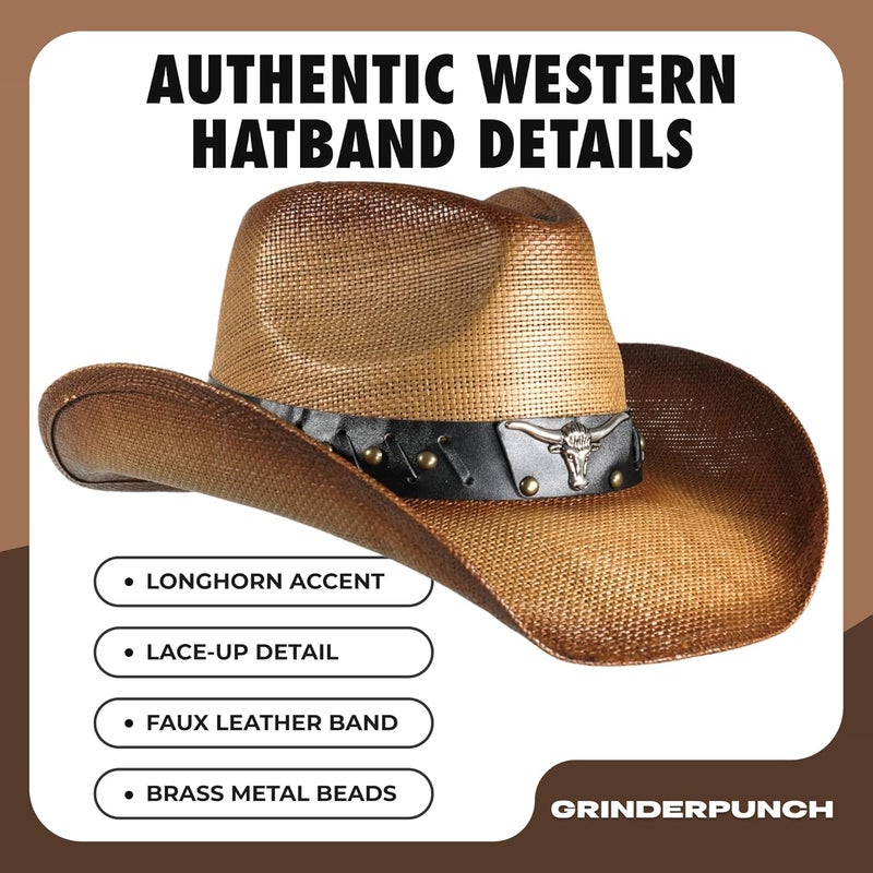 grinderPUNCH Western Outback Cowboy Hat Men's Women's Style Classic Straw Western Cowgirl Hat - Image 3